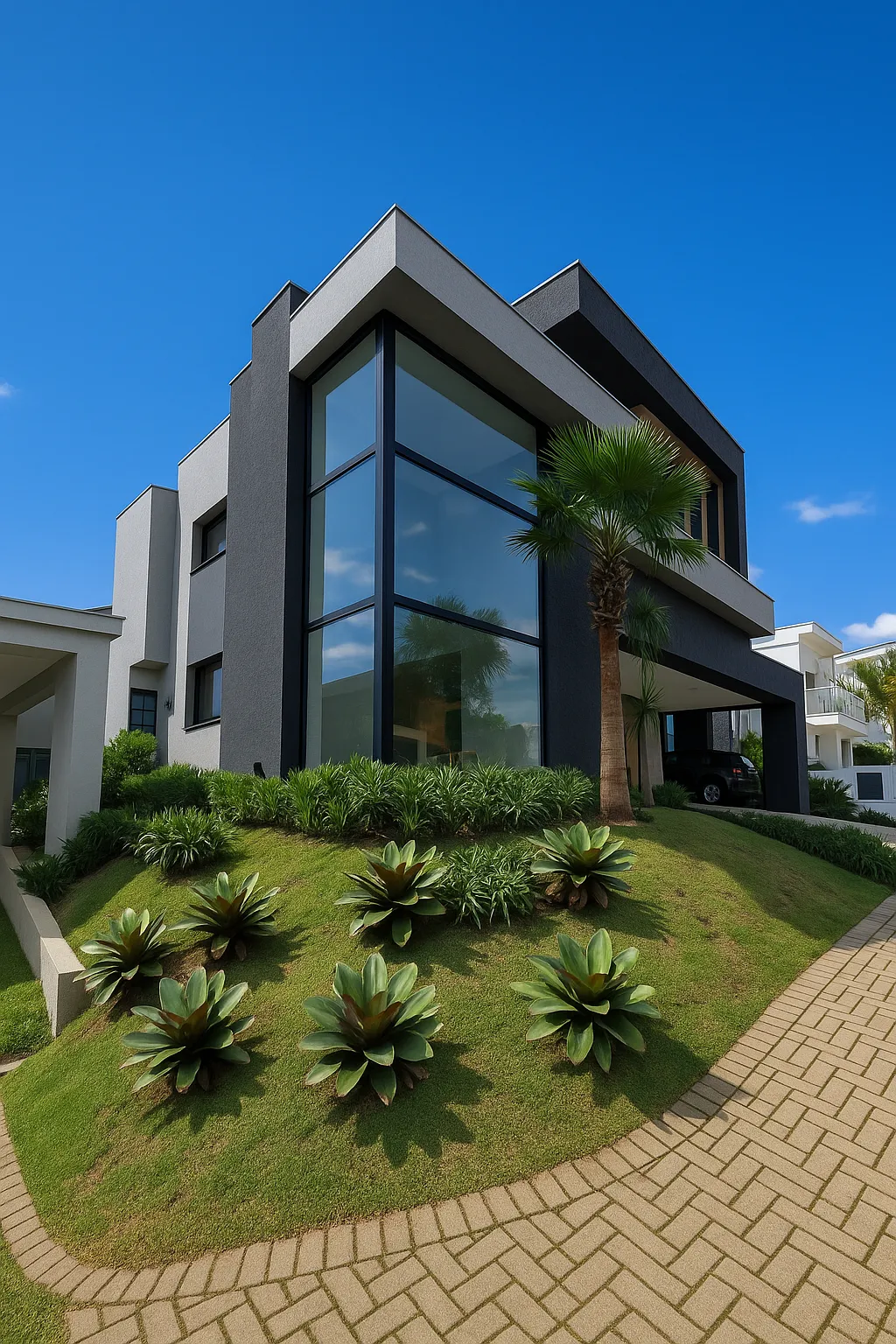 Fachada moderna cinza e preta com vidro de pé-direito duplo e jardim
