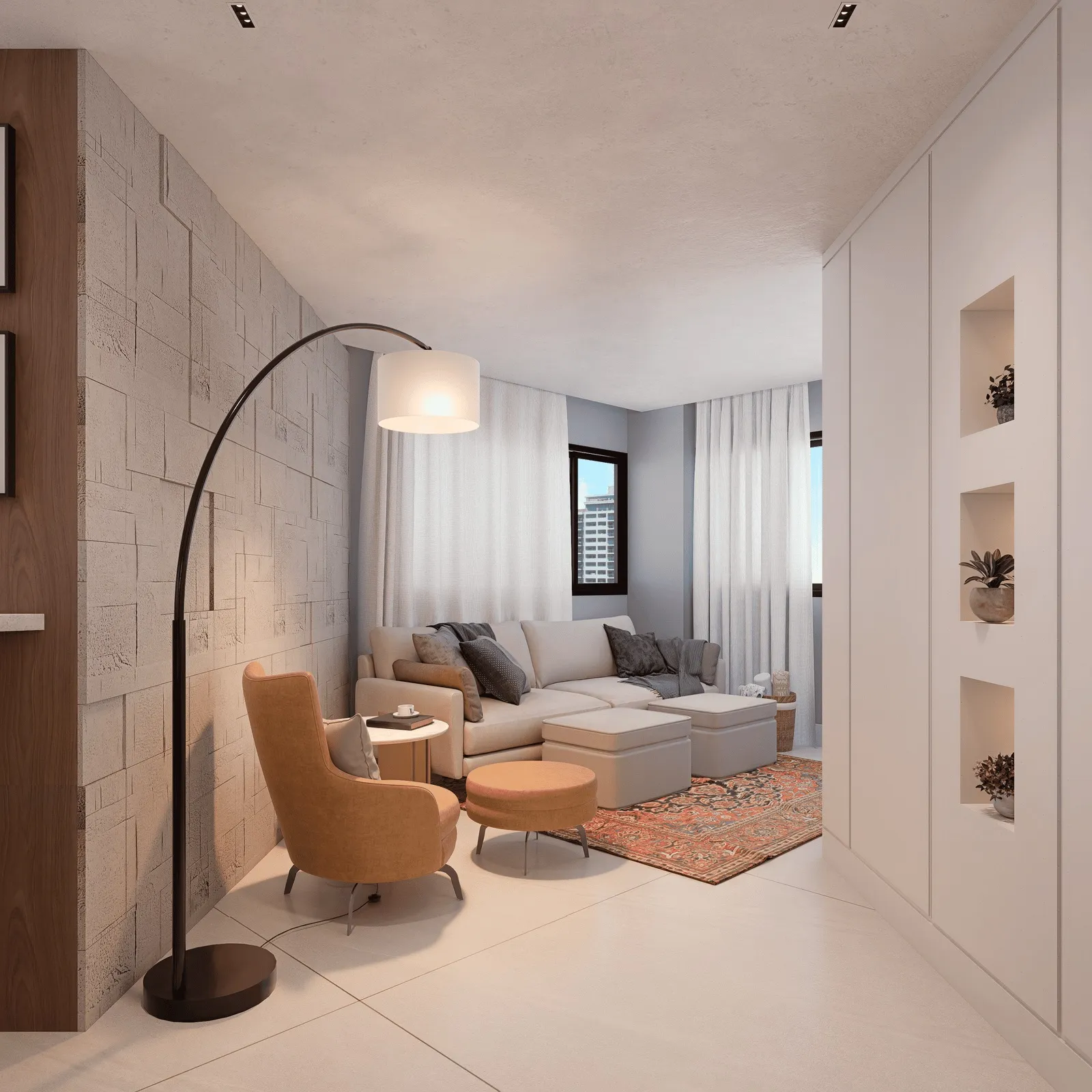 Imagem 3D de um apartamento com móveis de linhas retrô
