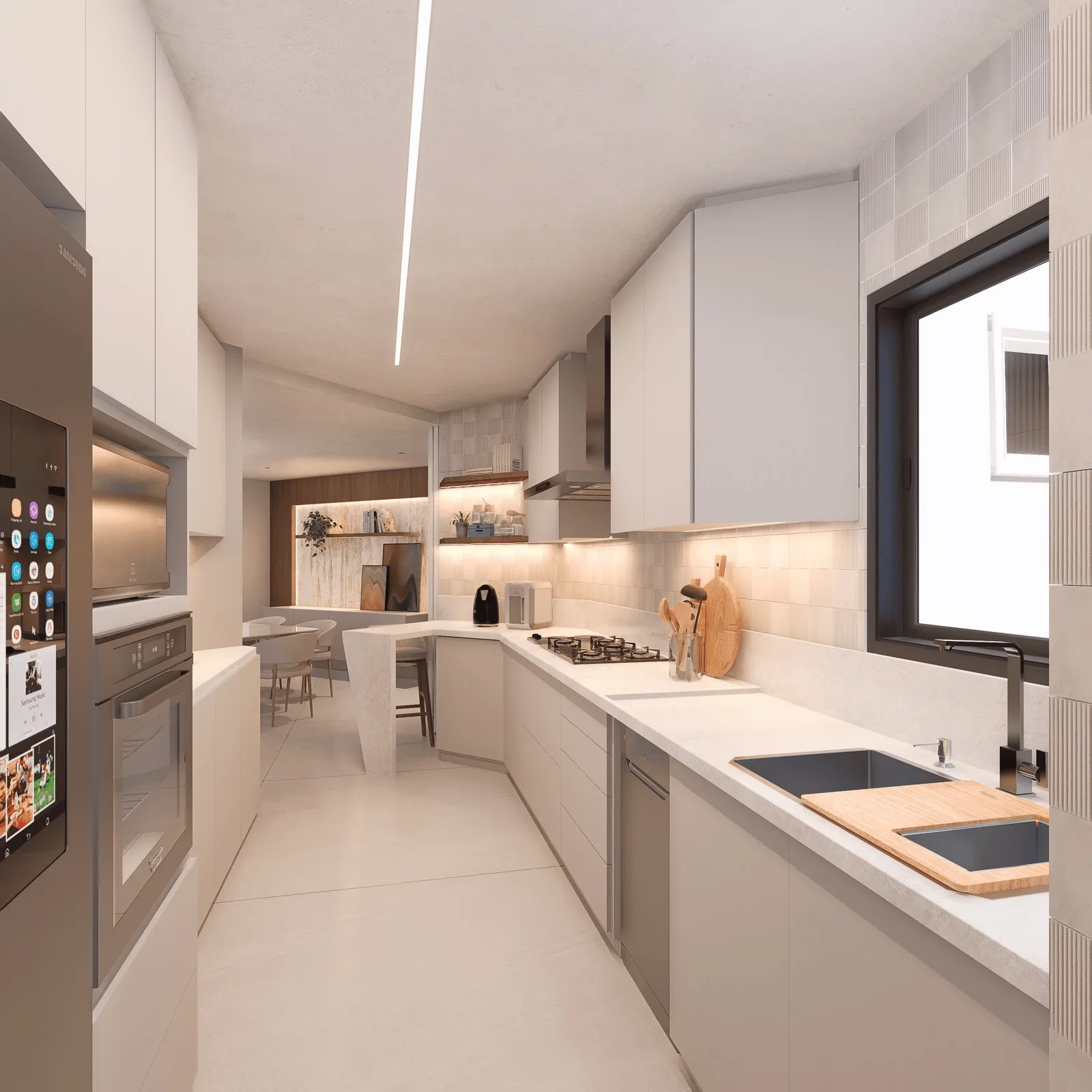 Imagem 3D de uma cozinha clara